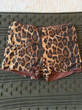 Sequin Leopard Print Rave Shorts - Brown
